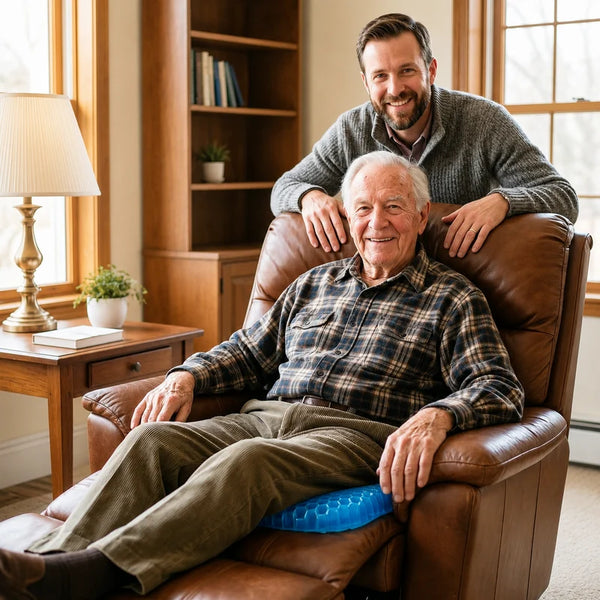 An adult son standing behind his elderly father's recliner, both smiling, with the MediGel cushion visible on the seat